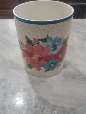 Floral Ceramic Utensil Holder with Blue Rim